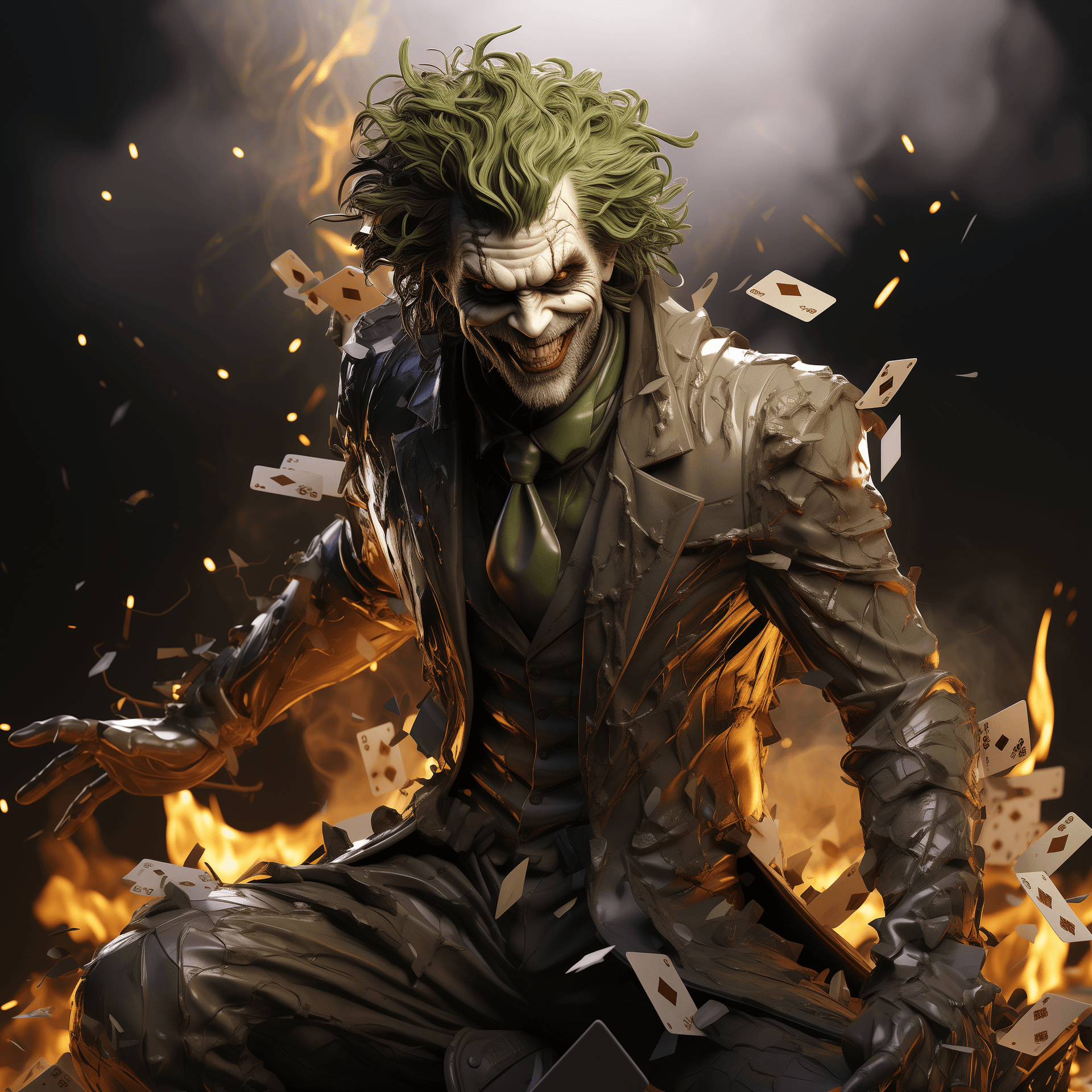 AI generated: 
The joker from dc comics standing with a flying playing cards deck, in the style of conor harringt...