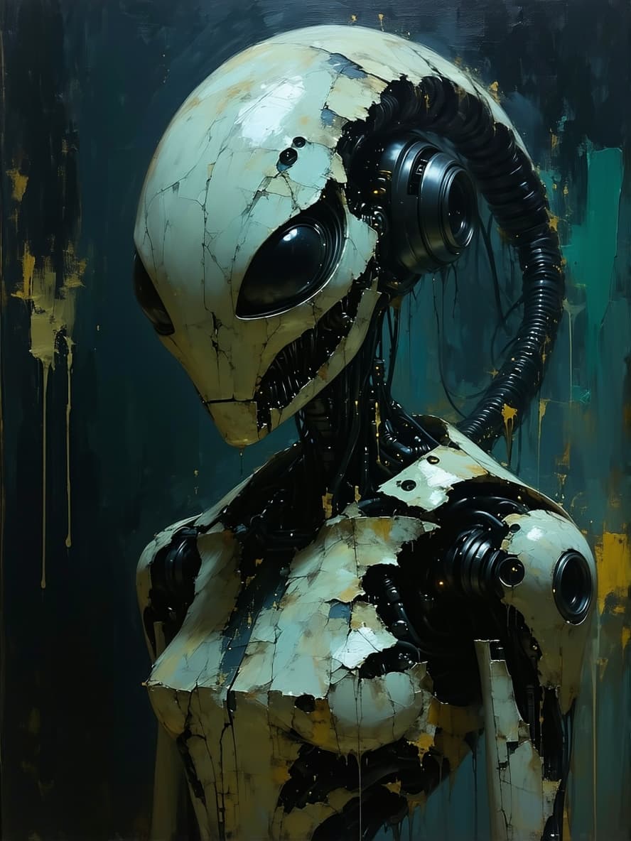 AI generated: Create a terrifying random distressing image as a mixed media artwork. Create a full length  image o...