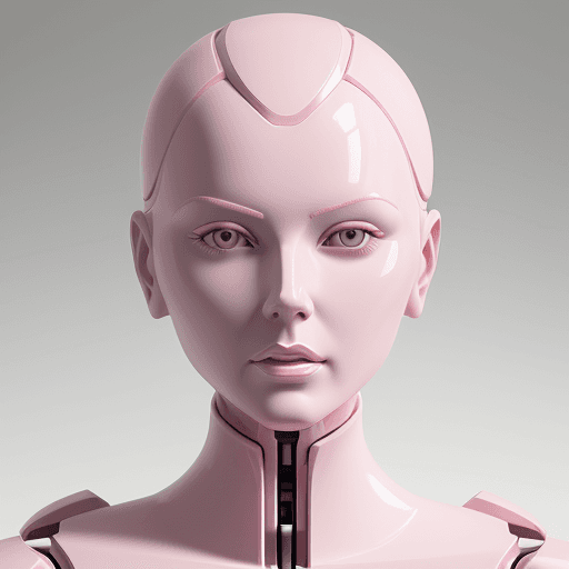 AI generated: woman bionic ceramic glossy pink face sculpture, pushed out of the background, front view, brightly ...