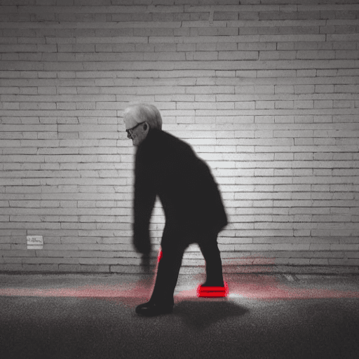 AI generated: Side view of silhouette gray-haired old man in the green and red neon street lights, volumetric ligh...