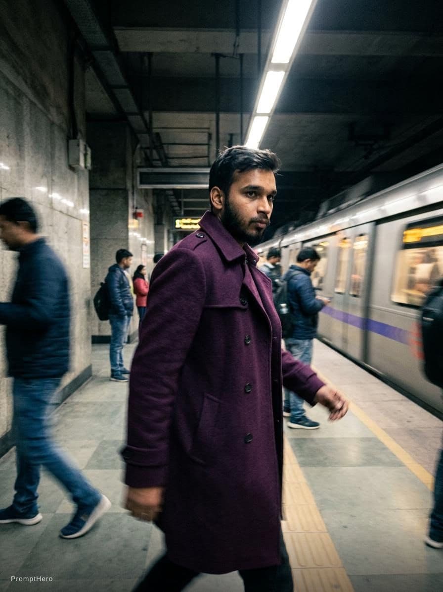 AI generated: fashion editorial photography, motion blur, male model, wearing an wool coat, deep purple color, wal...
