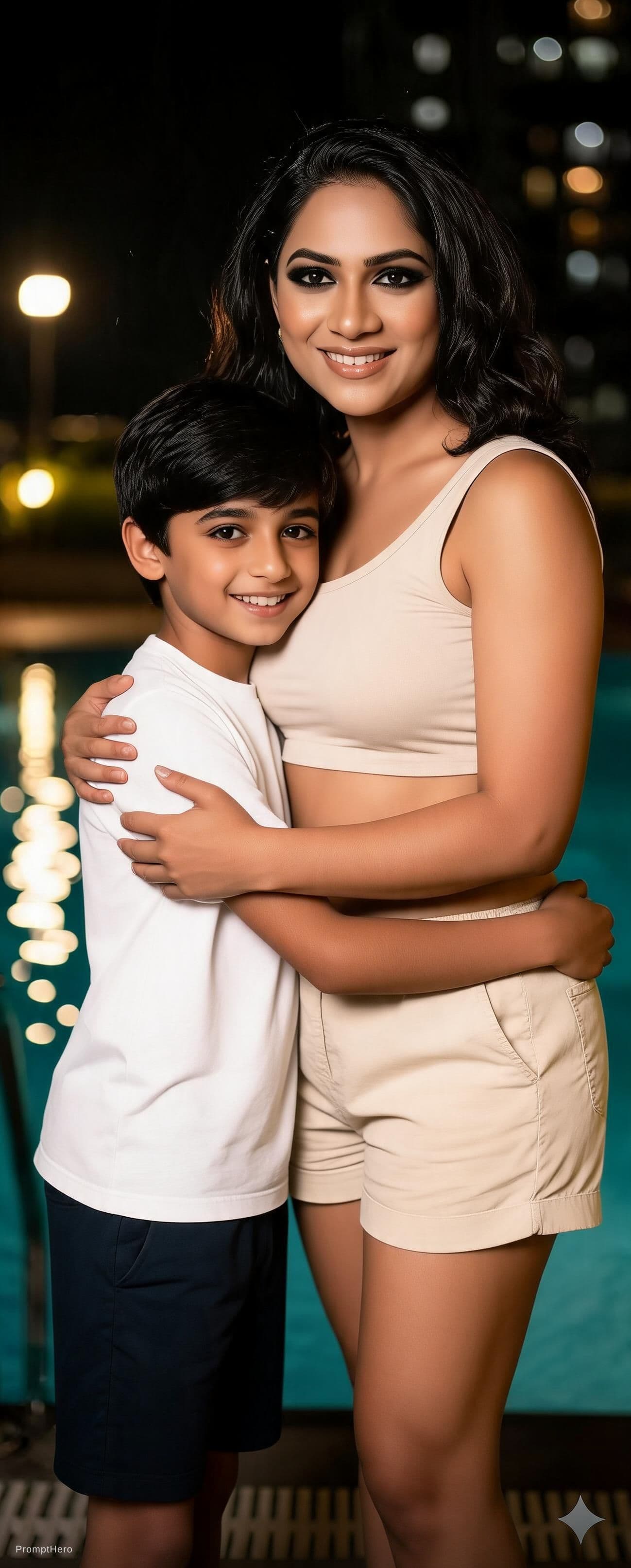 AI generated: Wear bra and panty with full moody looks and seductive smile with hugging one fit boy