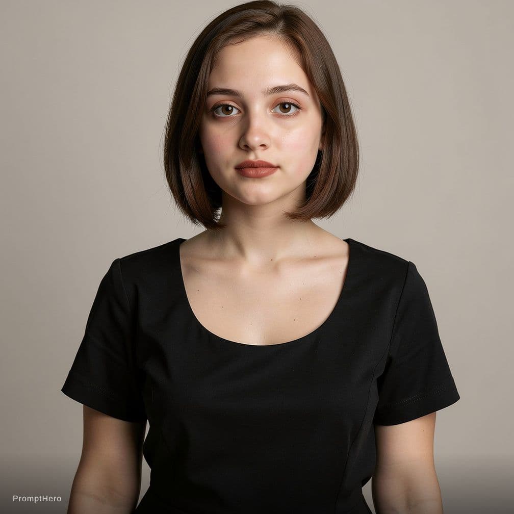 AI generated: The photograph features a young woman with short brown hair and fair skin. She is looking directly a...