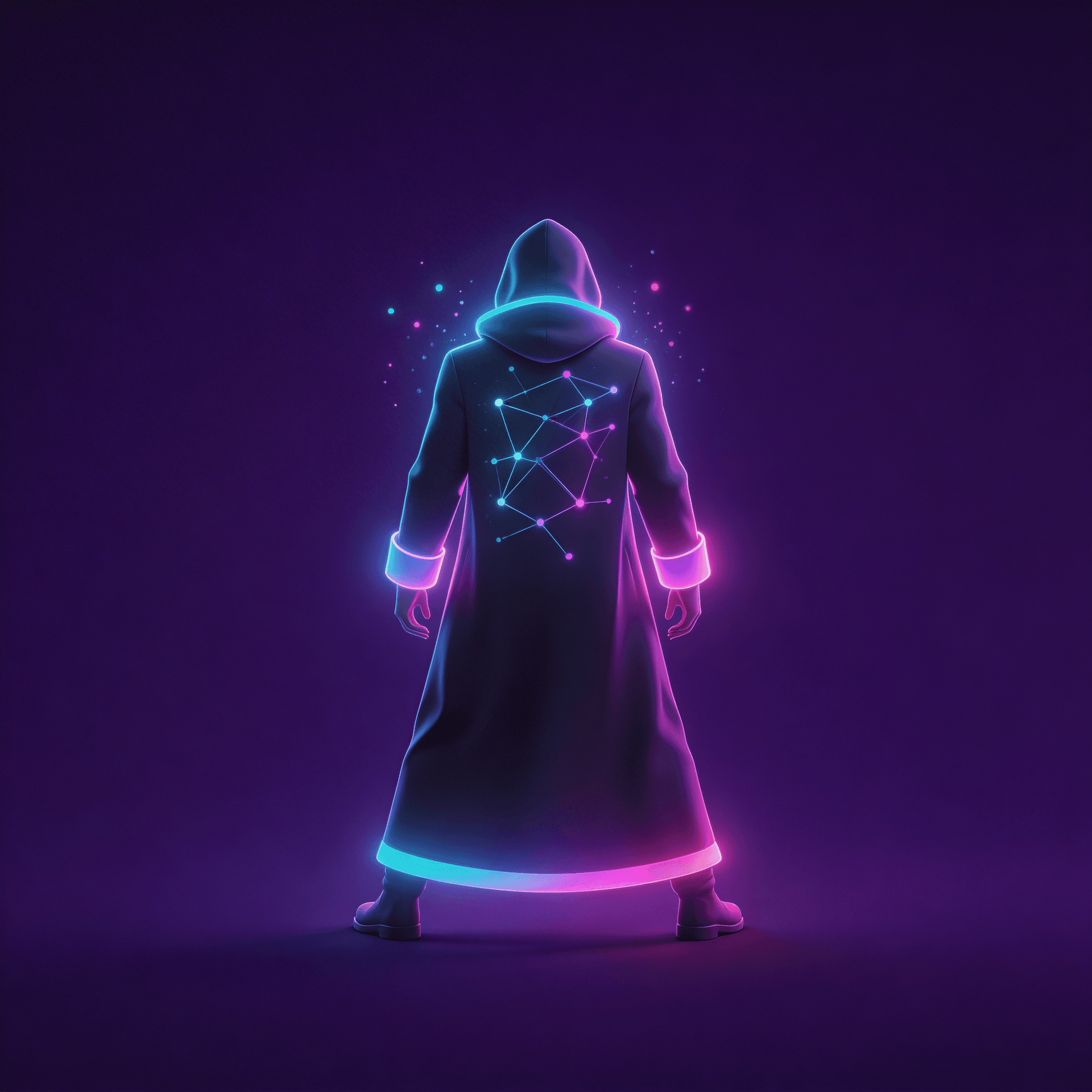 AI generated: single futuristic character seen from behind, full body, standing confident 
wide stance, wearing el...