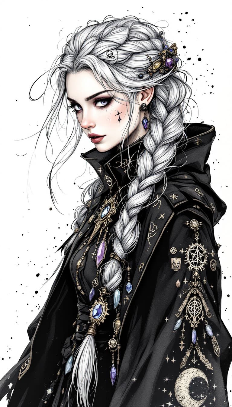 AI generated:  A steampunk era ink illustration with messy lines and ink bleed. A woman with long, braided silver ...