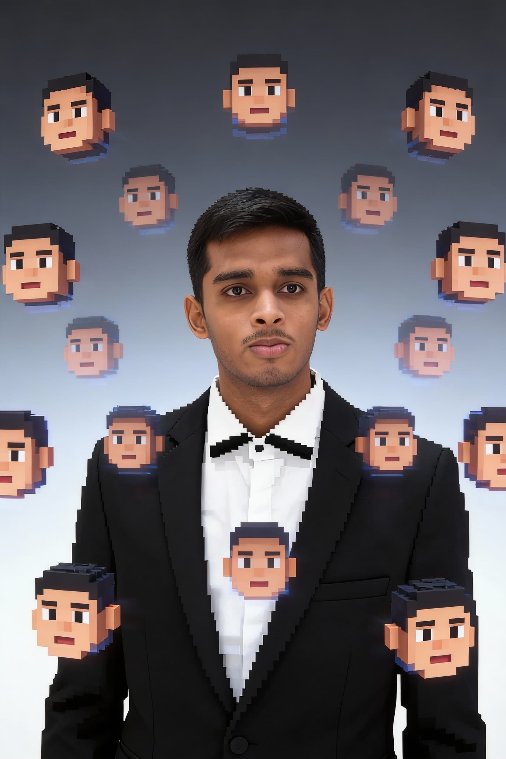 AI generated: realistic portrait, man, contemporary styled, staring to camera, wearing a minimalist black suit, fe...