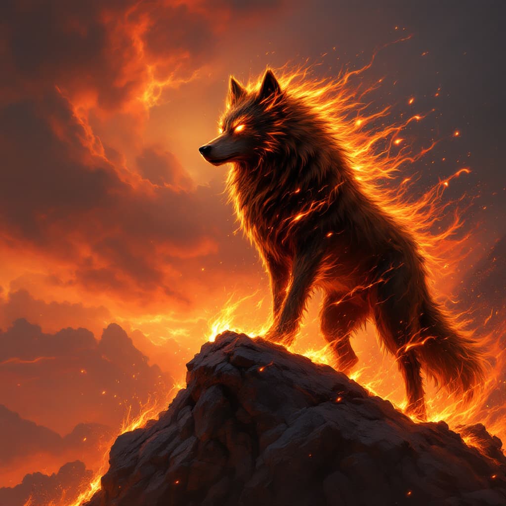 AI generated: A fierce and noble wolf standing atop a volcanic cliff, its eyes blazing with eternal fire. Flames r...