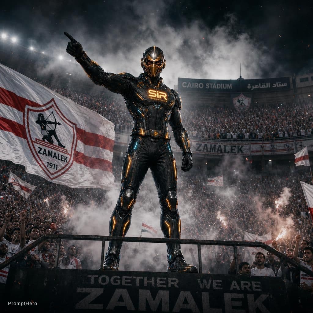 AI generated: Use the uploaded photo in as a hero and a leader who lead the fans of zamalek football club at Cairo...