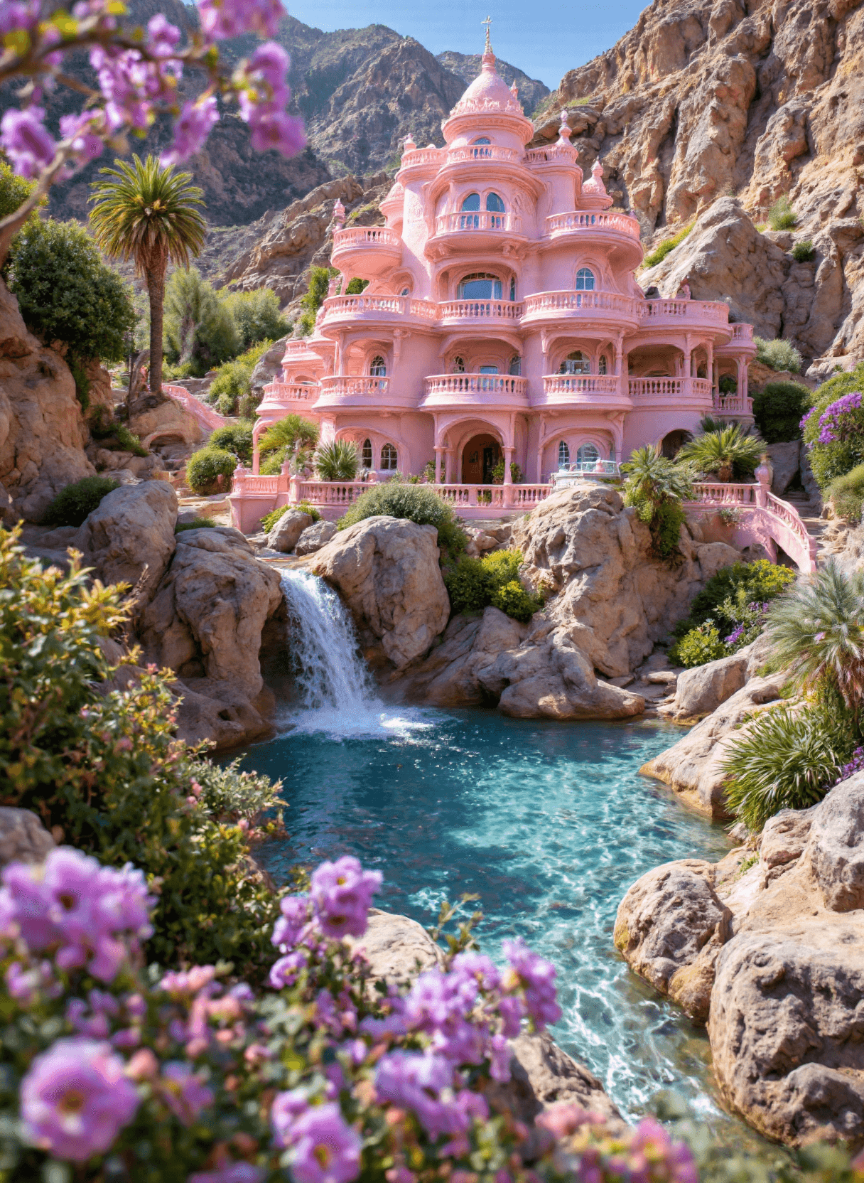 AI generated: The image depicts a fantastical scene featuring an elaborate pink building nestled within a rocky ca...