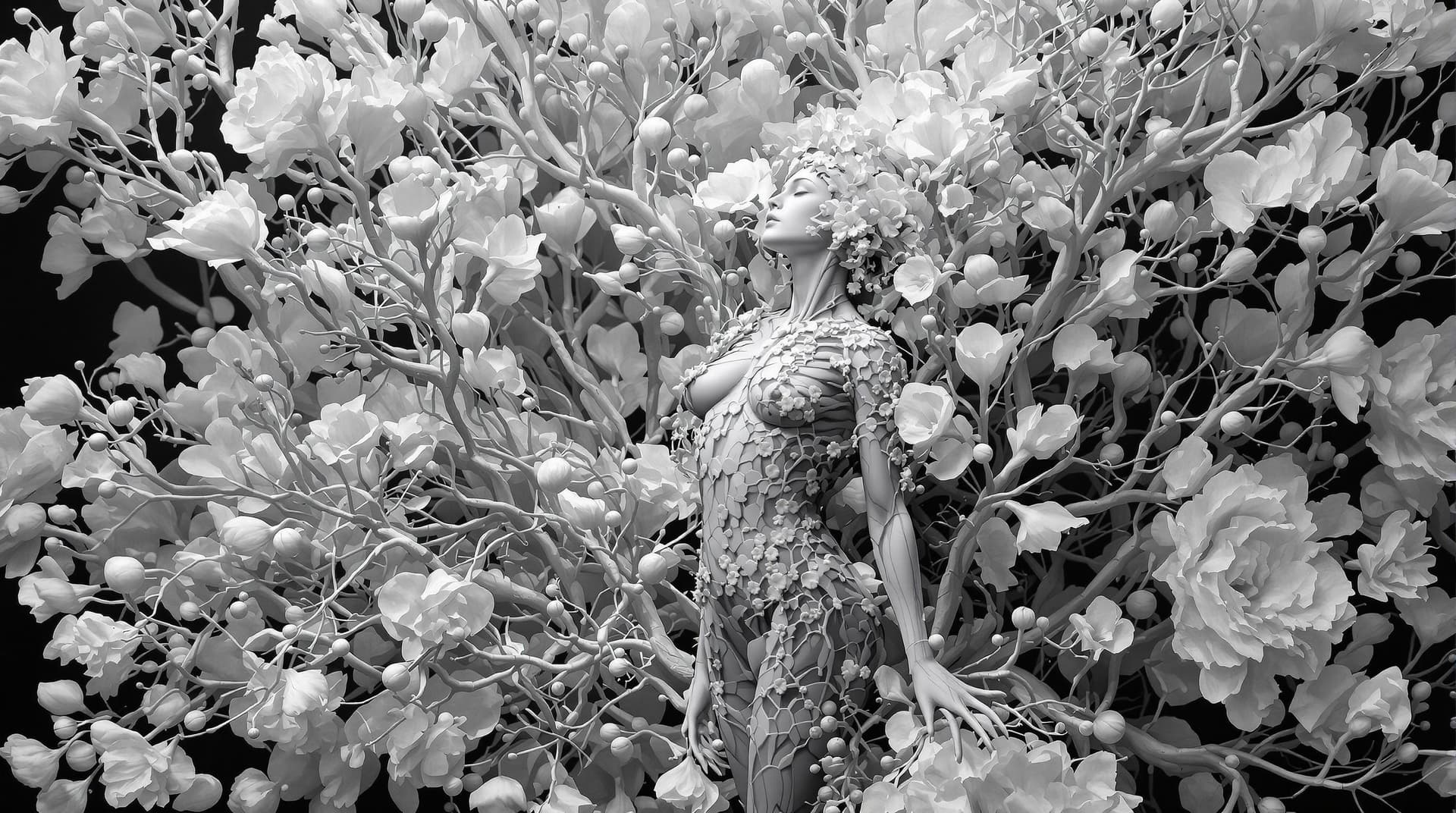 AI generated:  3d woman in flowers with human and flower shaped branches, in the style of medical imaging film. , ...