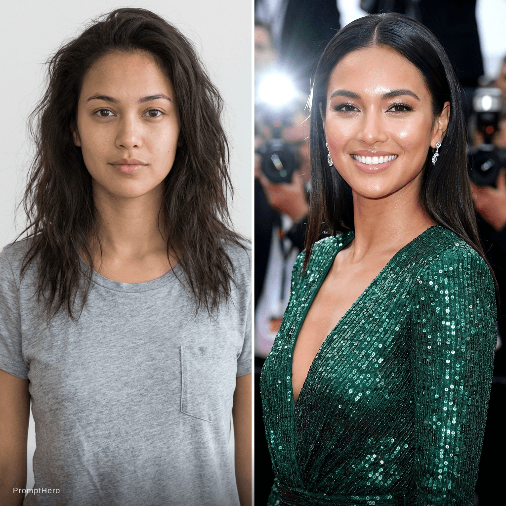 AI generated: glam glow up — red carpet look, glowing skin, sleek hair, confident smile