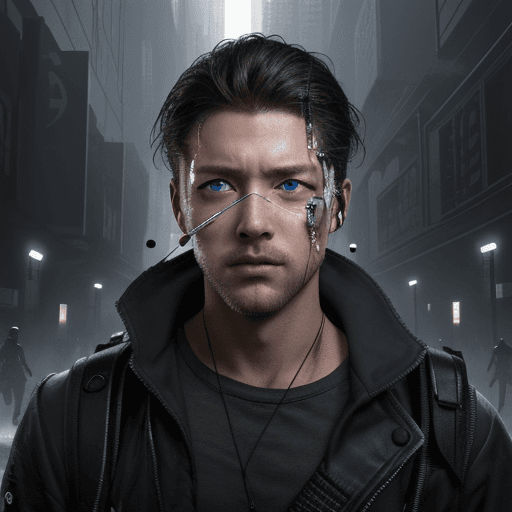 AI generated: guy puts eye drops in his eye, in the background is a dystopian world