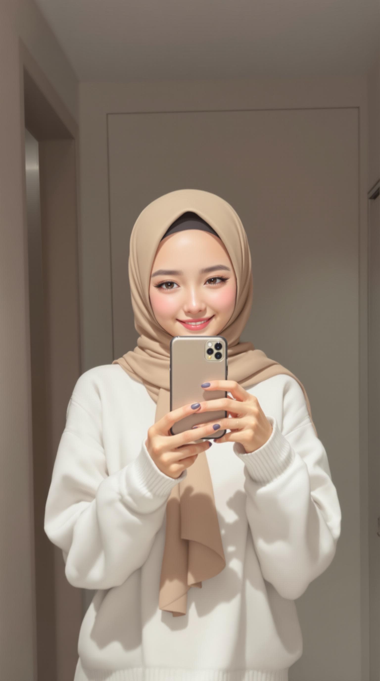 AI generated: anime style, 1girl, wearing a hijab smiles, mirror selfie. She is wearing a white sweater and a beig...