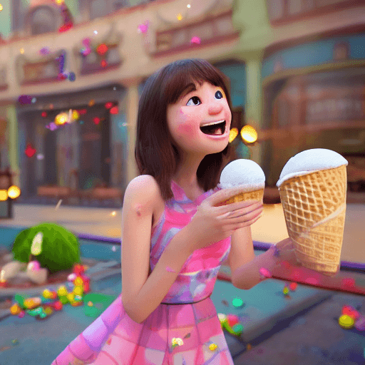 AI generated: cute, adorable, smiling girl eating ice cream, candies flying all around her, Pixar, disnet, cinema ...