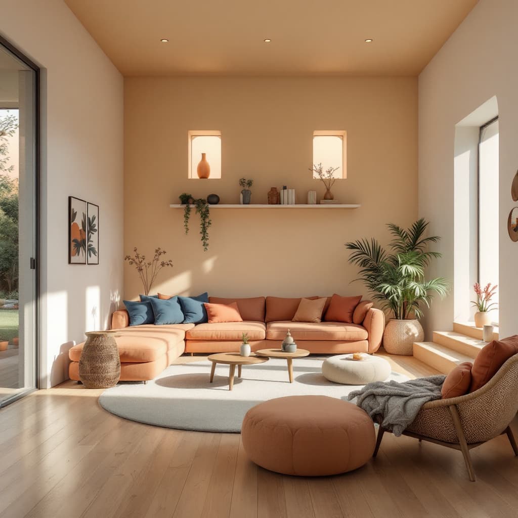 AI generated: High resolution photography interior design, dreamy sunken living room conversation pit, wooden floo...
