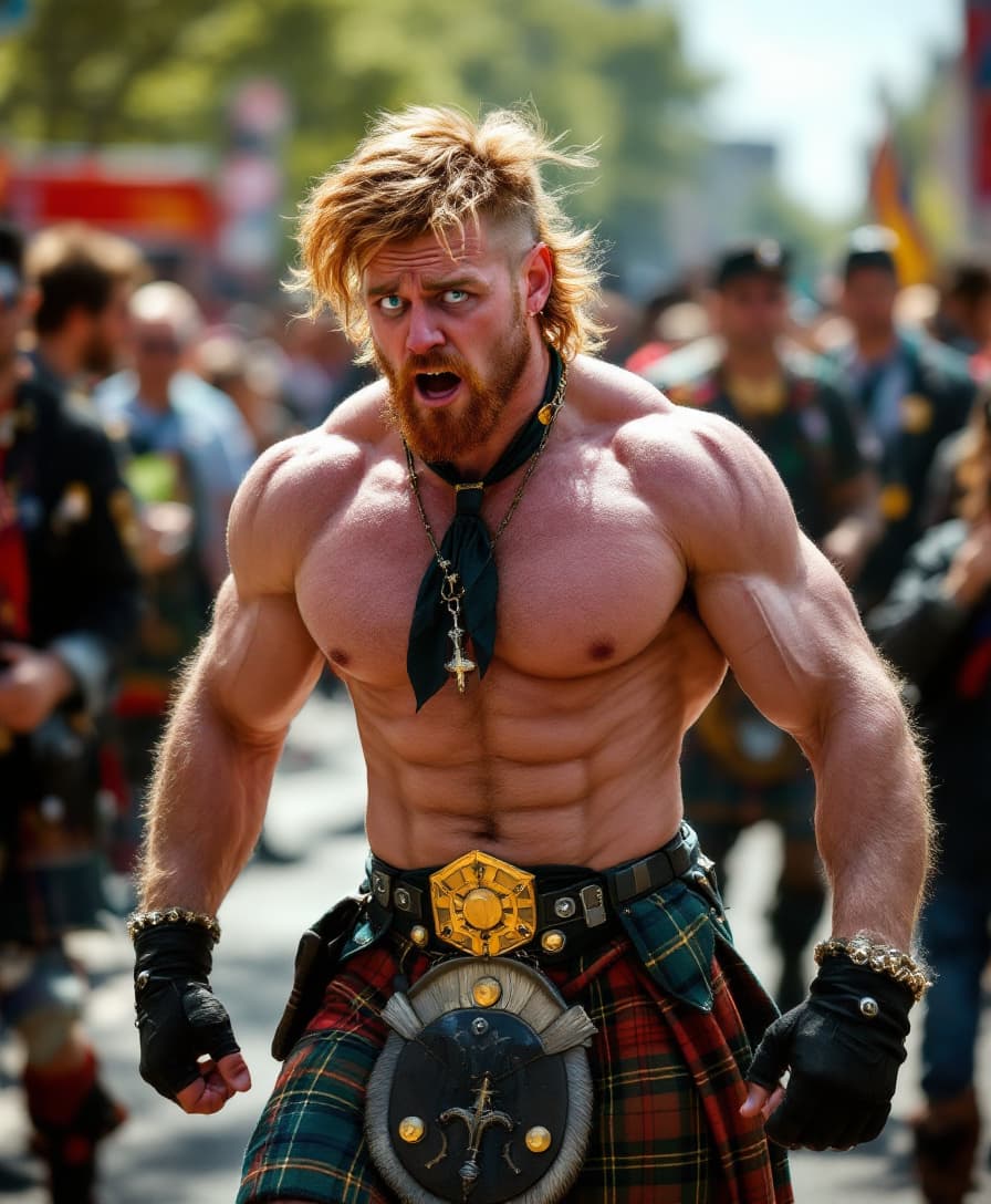 AI generated: high-resolution full body photo muscular man, show boots, reddish blonde hair, stupid, dazed express...