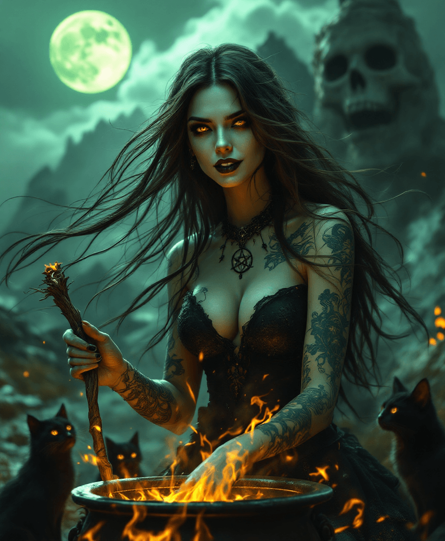 AI generated: A photorealistic, ((UHD)) studio quality portrait of a beautiful brunette witch with extremely long ...
