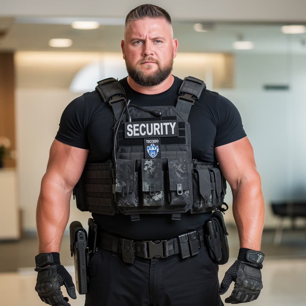AI generated: Photographie réaliste intérieure bien éclairée, homme blanc musclé et imposant d'environ 28-35 ans, ...