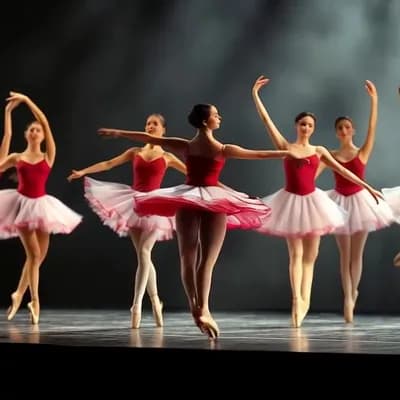 AI generated video: Elegant ballerinas, stylized silhouettes, synchronized dance, modern abstract backdrop, vivid red dr...