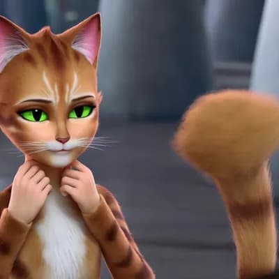 AI generated video: Puts hands over stomach. Cat ears move and swivel and twitch.