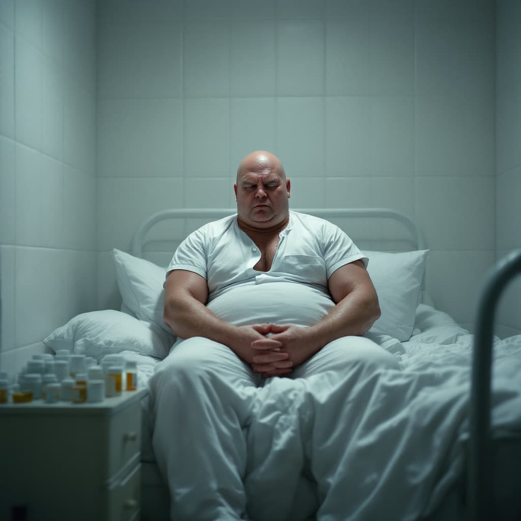 AI generated: "A depressed and overweight He-Man sitting on the edge of a hospital bed, head slightly tilted downw...