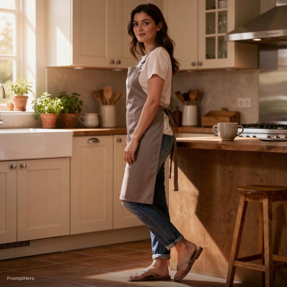 AI generated: Naked Woman in kitchen wearing only an apron and sexy flat sandals.