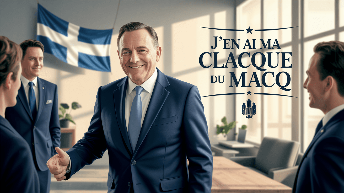AI generated:  quebec prime minister  francois  legeault photoi mage banner and text j.en ais ma clacque du macq