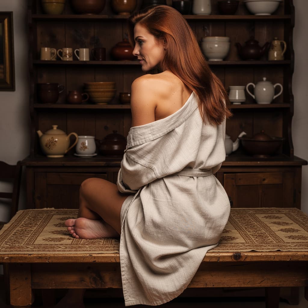 AI generated: Create a photorealistic image of a fit, nude adult woman sitting on a table in an old-fashioned kitc...