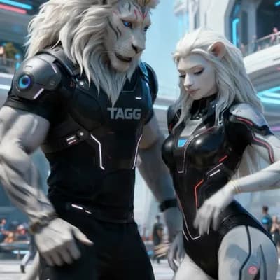 AI generated video: An alien nightclub setting showing characters, TAGG beings with no tails, dancing and moving in a fu...