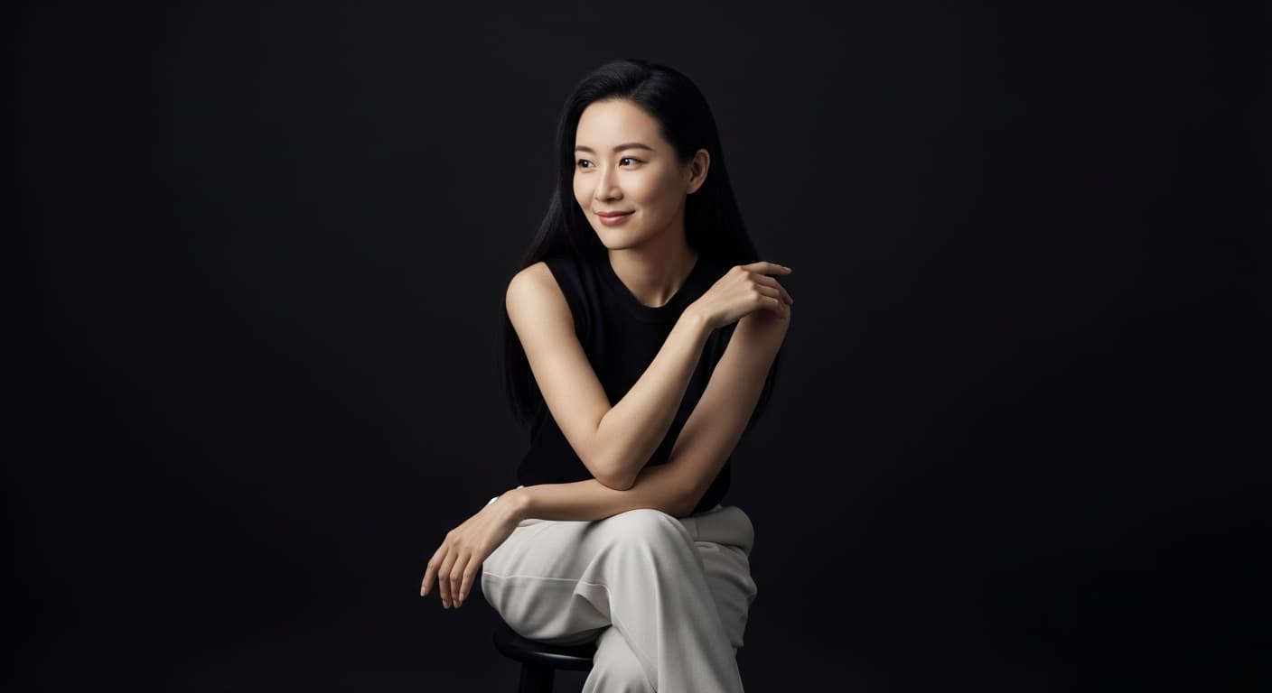 AI generated: Elegant and stunning Chinese woman with long straight black hair, sitting on a simple dark stool aga...