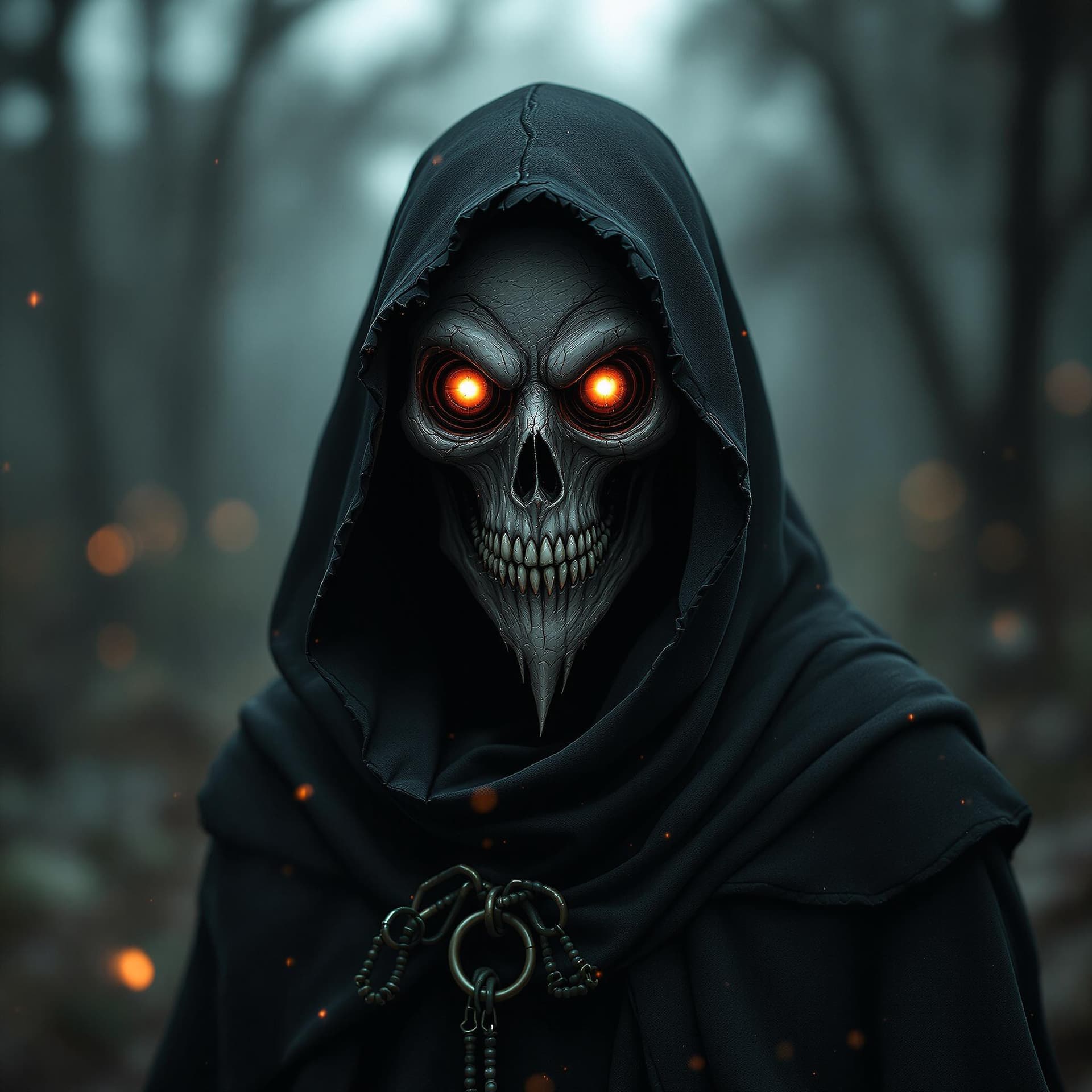 AI generated: surrealistic creature wearing a plague doctor with glowing eyes, wearing black cloak, Bokeh effect