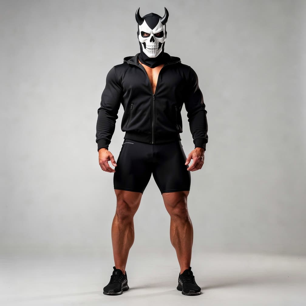 AI generated: A big muscular man wearing black short shorts and a black unzipped jacket with a hood plus a black m...