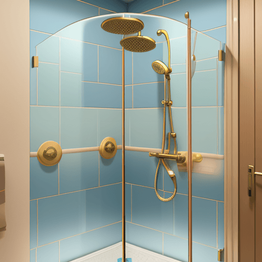 AI generated: A cartoonish logo of a frameless shower enclosure including the light blue and gold colors.