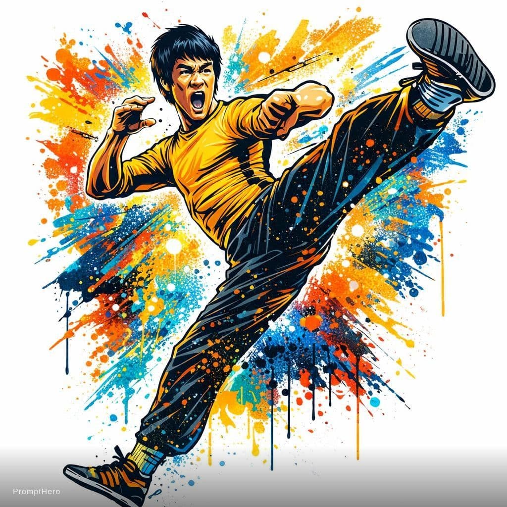 AI generated: Bruce Lee in a dynamic martial arts pose, Street art style, Energetic and Powerful mood, Graffiti sp...