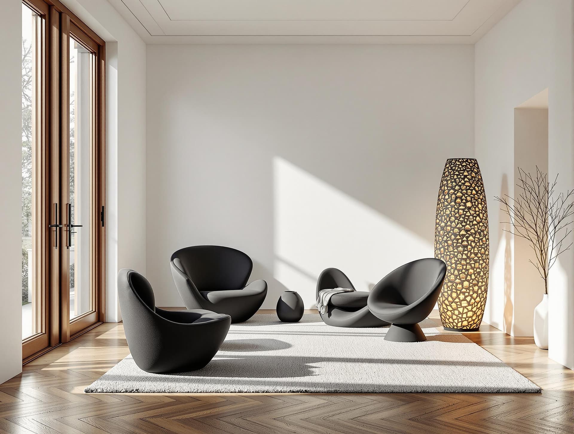 AI generated: Design a minimalist interior with a focus on sculptural furniture and lighting. The room illuminated...