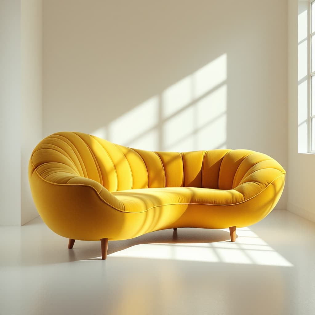 AI generated: pop art furniture design, curved banana cluster form, ergonomic seating, golden yellow velvet, premi...