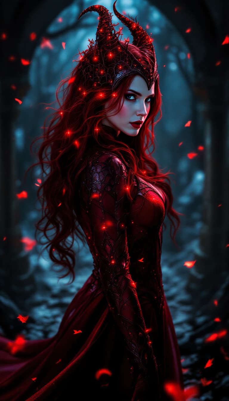AI generated: Elizabeth Olsenas Scarlett Witch in red nighty
