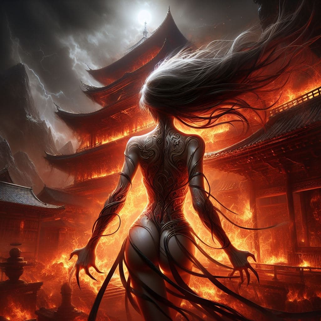 AI generated: back shot, angry and thin greek goddess, seductive, epic, intricate details, realistic, burning in h...