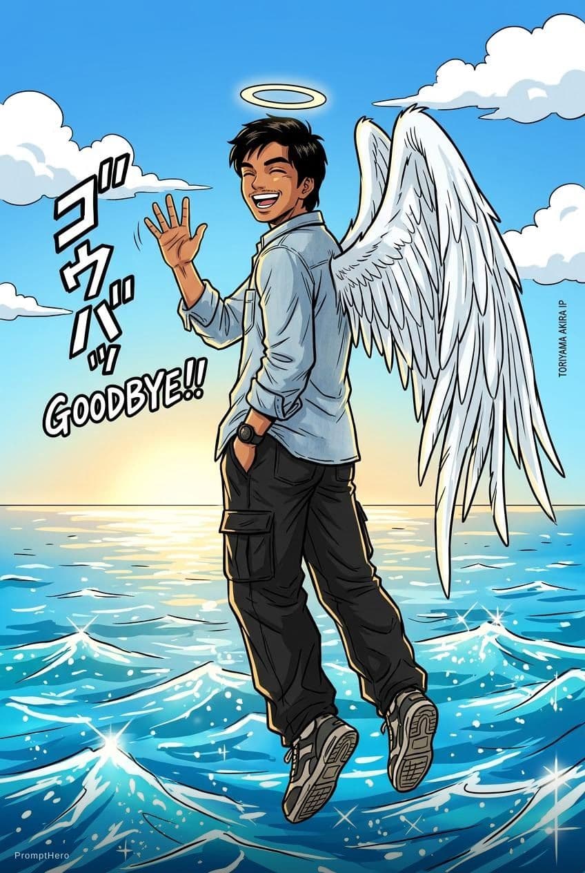 AI generated: Toriyama Akira's comic IP Goku, with white angel wings behind him and an angel ring on his head, wav...