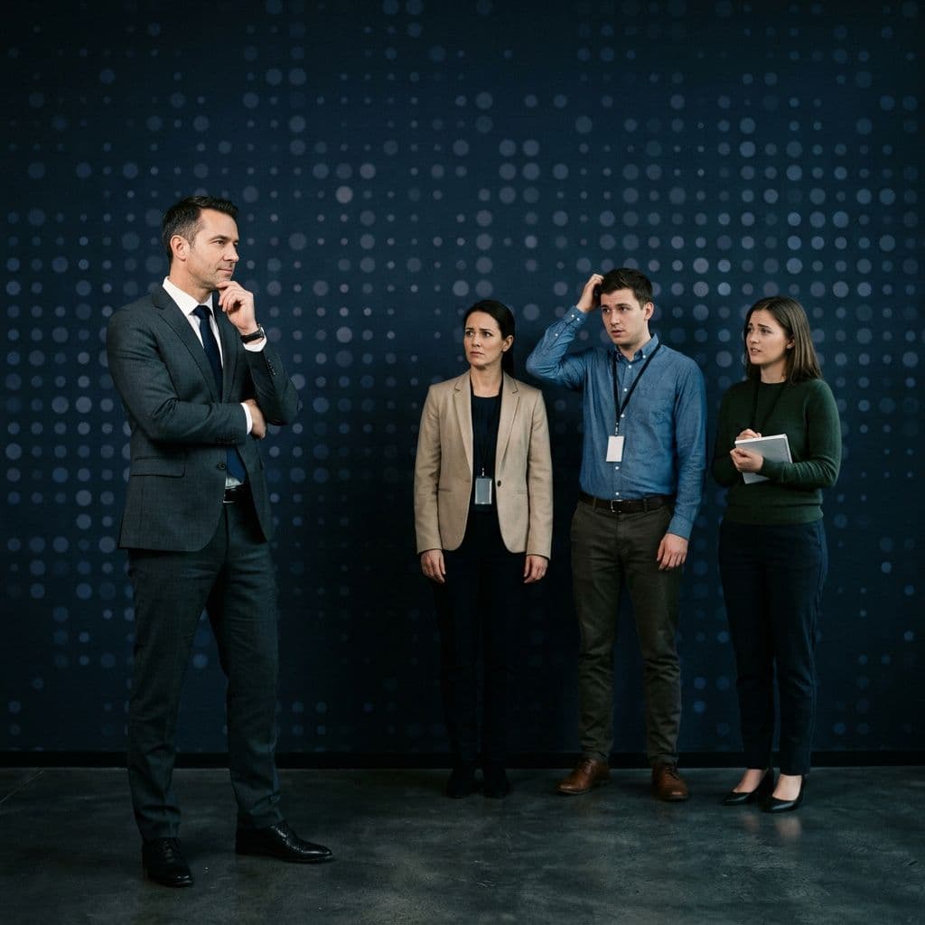 AI generated: A cinematic, minimalistic photo of four real people standing against a dark navy blue background fil...