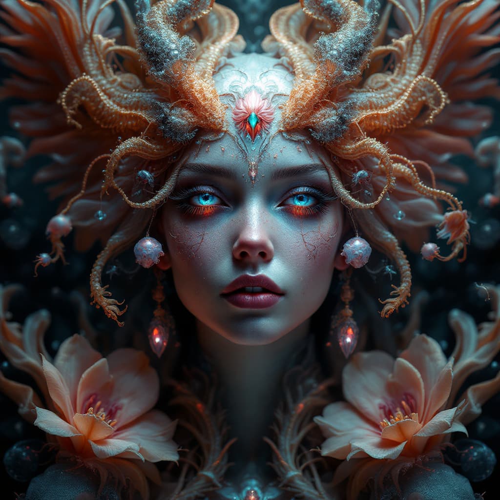 AI generated: Goddess close-up portrait ribcagel. jellyfish phoenix head, nautilus, orchid, skull, betta fish, bio...