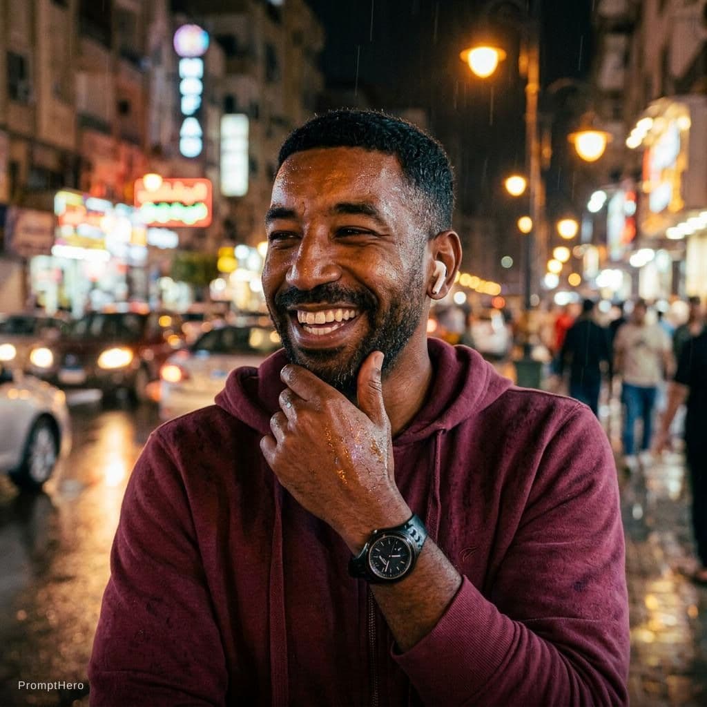 AI generated: A cinematic, close-up portrait of a muscular African bold man in his 30s  on a street at night, with...