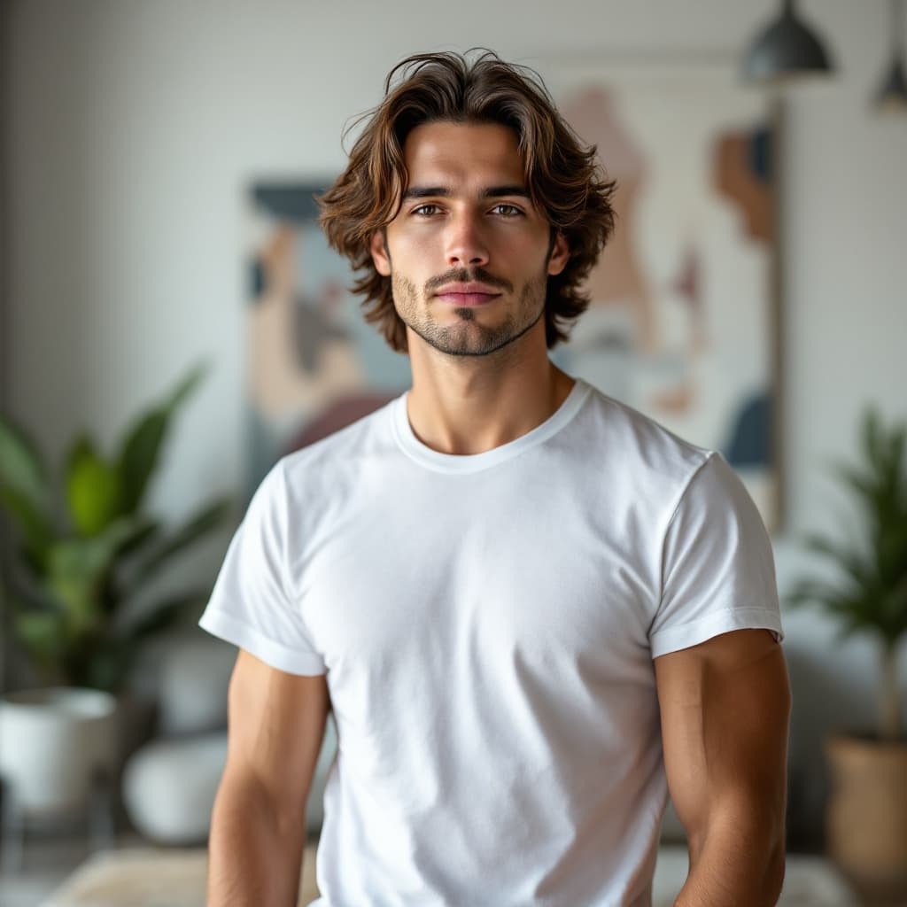 AI generated: High-res image of a 25-year-old white American man, medium-length wavy brunette hair, clean-shaven, ...