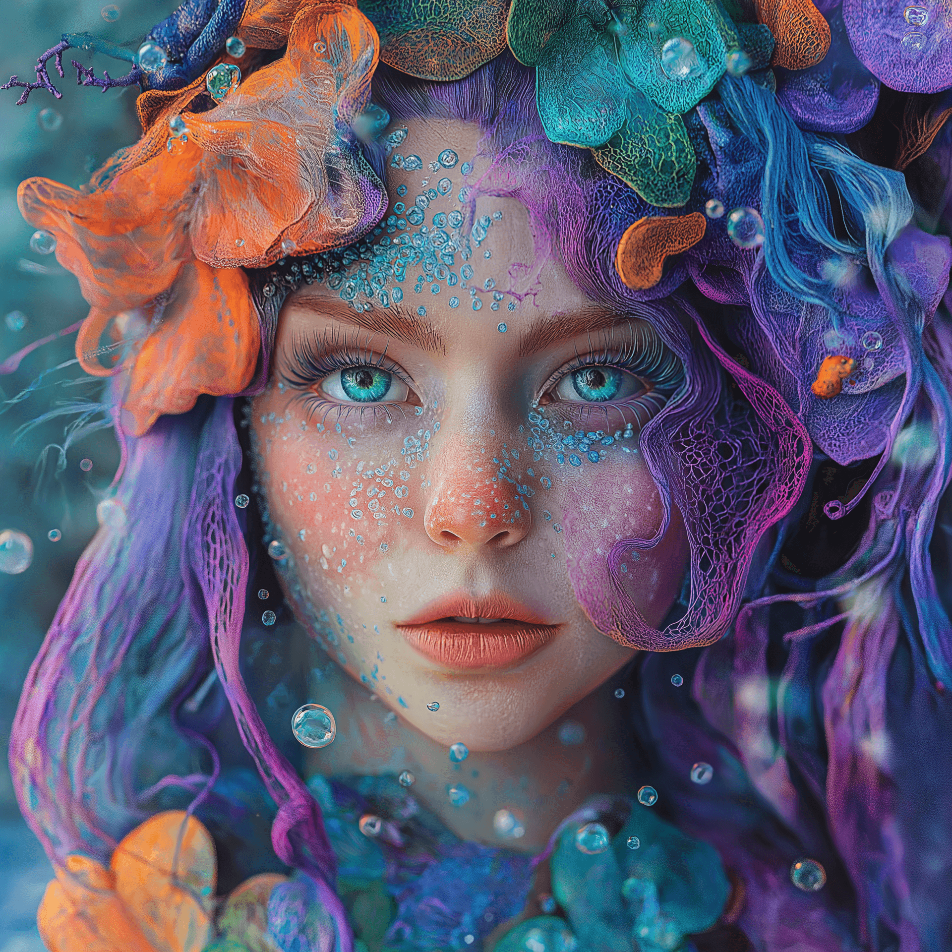 AI generated: Frontal portrait of a whimsical and colorful woman resembling a mermaid or siren. Fair complexion, y...