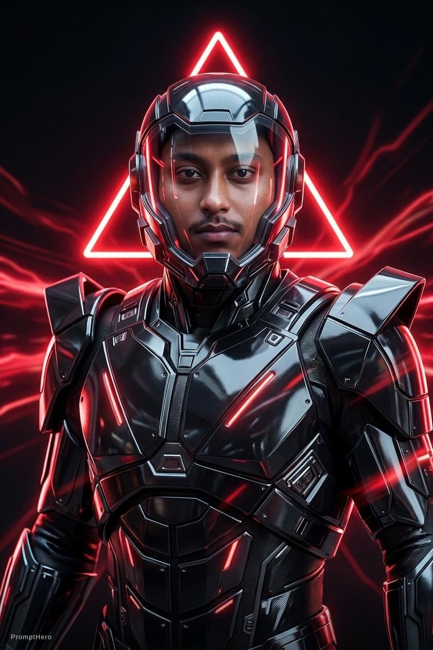 AI generated:  futuristic cyborg boy featuring a captivating reflective cybernetic helmet adorned with glowing tri...