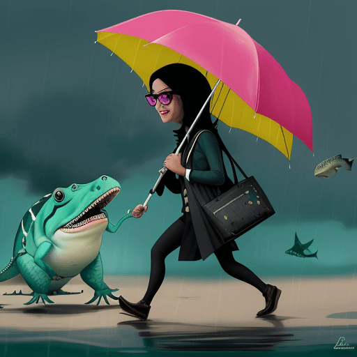 AI generated: Caricatura de una rana y un tiburón caminando bajo la lluvia, llevan paraguas y gafas negras

