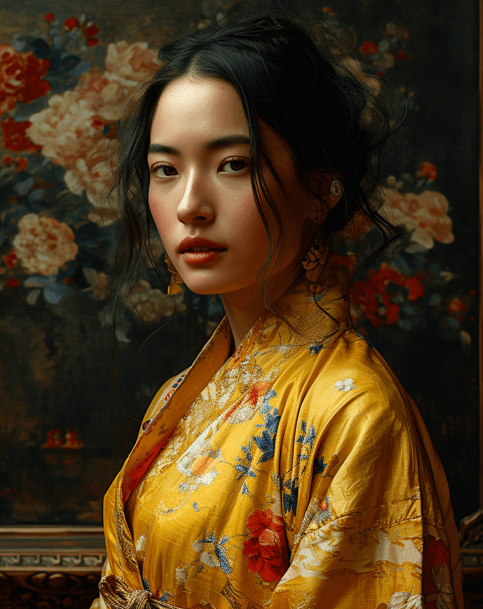 AI generated: an oriental woman in a golden blouse, in the style of kathrin longhurst, jessica drossin, japanese-i...