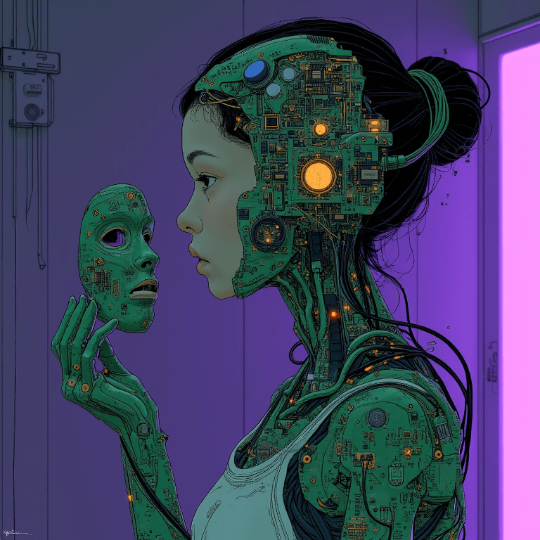 AI generated: A woman stands in a dimly lit room, her half-figure form composed of intricate circuit boards, mothe...