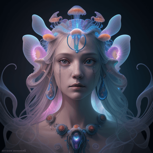 AI generated: Goddess close-up portrait ribcagel. jellyfish phoenix head, nautilus, orchid, skull, betta fish, bio...