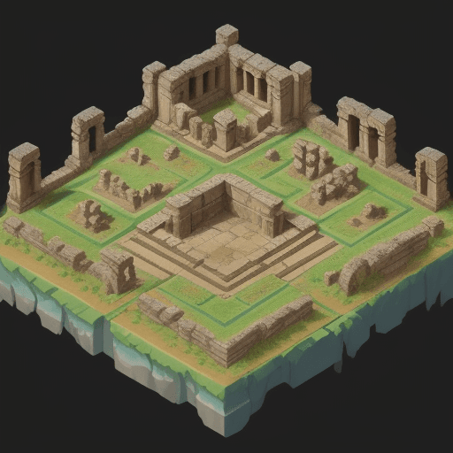 AI generated: Isometric ancient Ruins map, video game concept art, —chaos 5 —ar 16:9  --q 2 --v 3